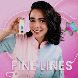 Woman holding Glamy Lab eye contour product with 'FINE LINES' 