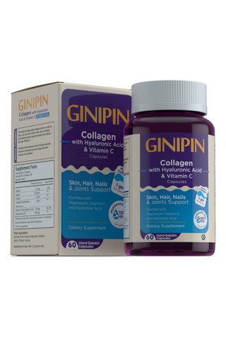 A bottle and box of GINIPIN Collagen Capsules, which are intended to support skin, hair, nails, and joints, with prominent use.