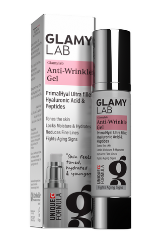 A bottle of GLAMY LAB AntiWrinkles Gel with its packaging, highlighting the product's benefits for reducing wrinkles and hydrating the skin.