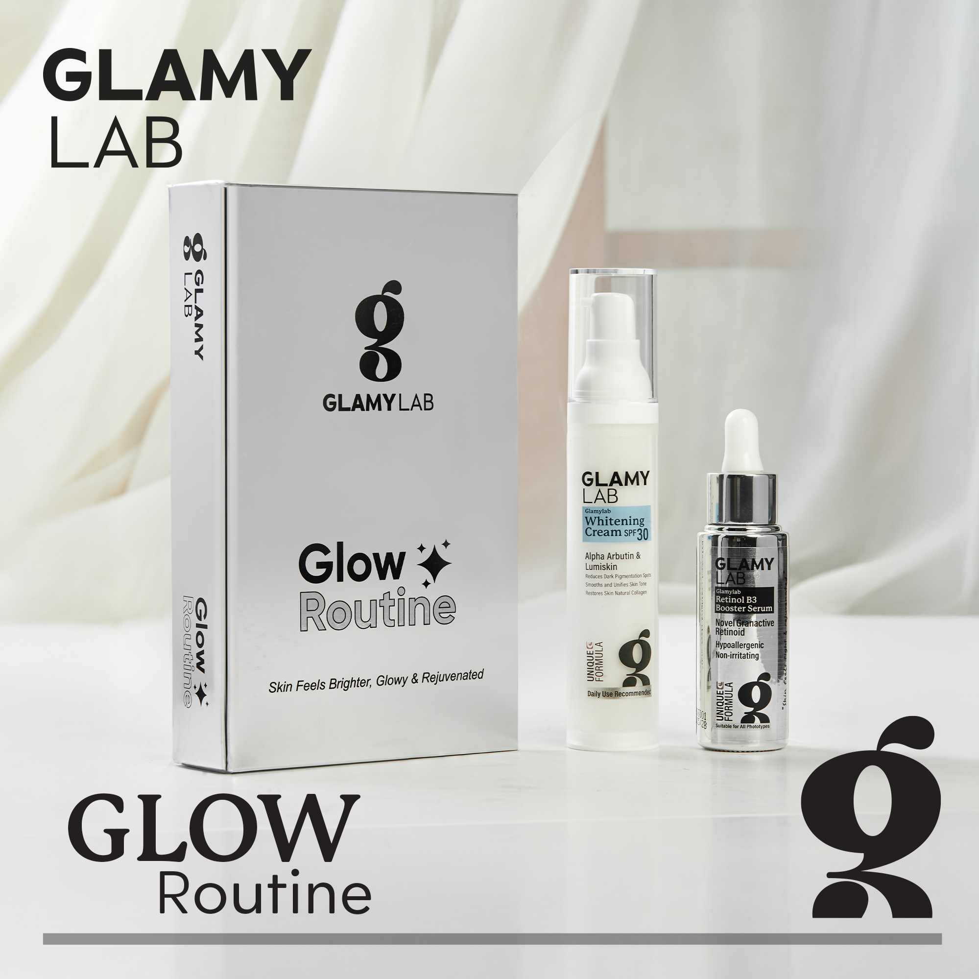 Glamy Lab skincare products including a box and bottles on a white background