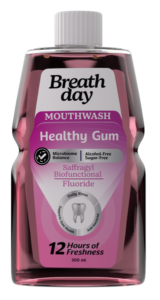 Bottle of Breath Day mouthwash with pink liquid 