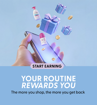 a phone with shopping app interface, products, and 'Start Earning' YOUR ROUTINE REWARDS YOU