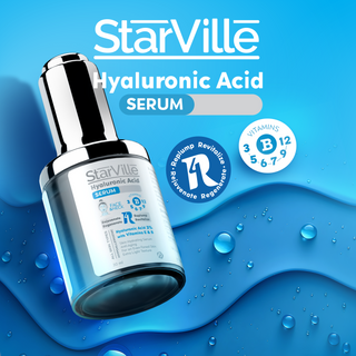 StarVille Hyaluronic Acid Serum bottle with water droplets.
