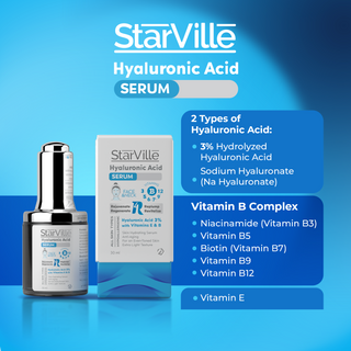 StarVille Hyaluronic Acid Serum bottle and packaging with water droplets.