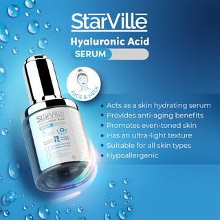 StarVille Hyaluronic Acid Serum bottle with water droplets.