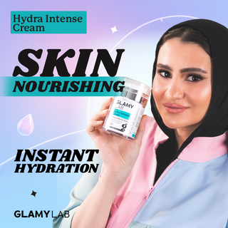 Woman holding a GLAMY LAB cream with promotional text 