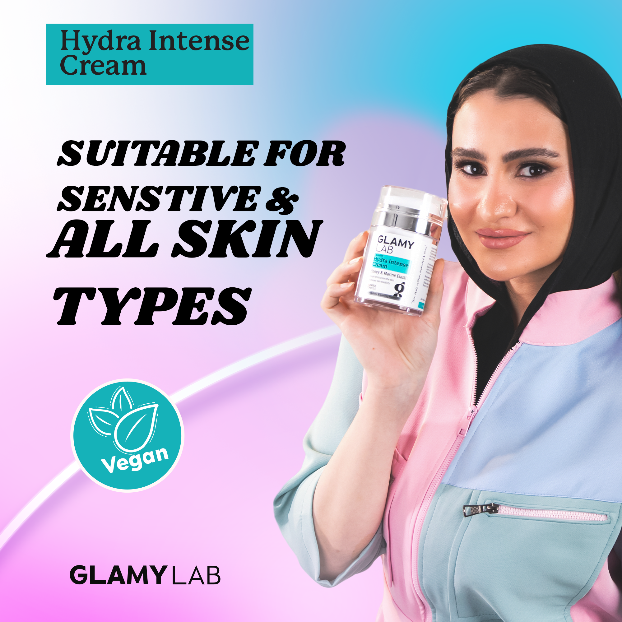 Skincare product with promotional text about Hydra Intense Cream from GLAMY LAB.
