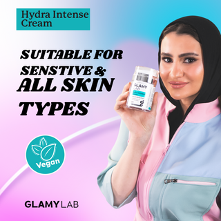 Skincare product with promotional text about Hydra Intense Cream from GLAMY LAB.