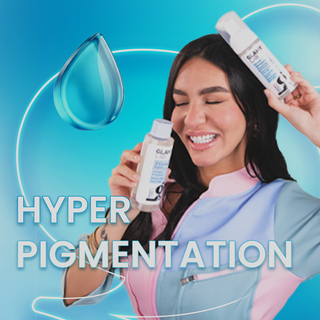 Woman holding Glamy Lab skincare products with 'Hyper Pigmentation' 