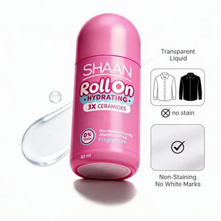 Shaan Pink roll-on deodorant bottle with product features 