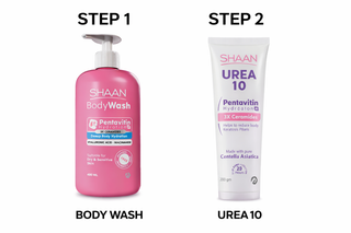 Two skincare products, a pink bottle labeled 'Body Wash' and a white tube labeled 'UREA 10'.