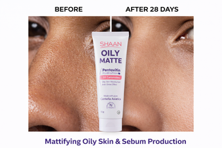 Before and after comparison of a tube of Shaan Oily Matte cream on oily skin.