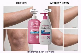 Before and after comparison of skin texture improvement using Shaan body wash and milk.