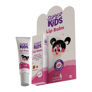 Super Kids lip balm packaging with a cartoon character 