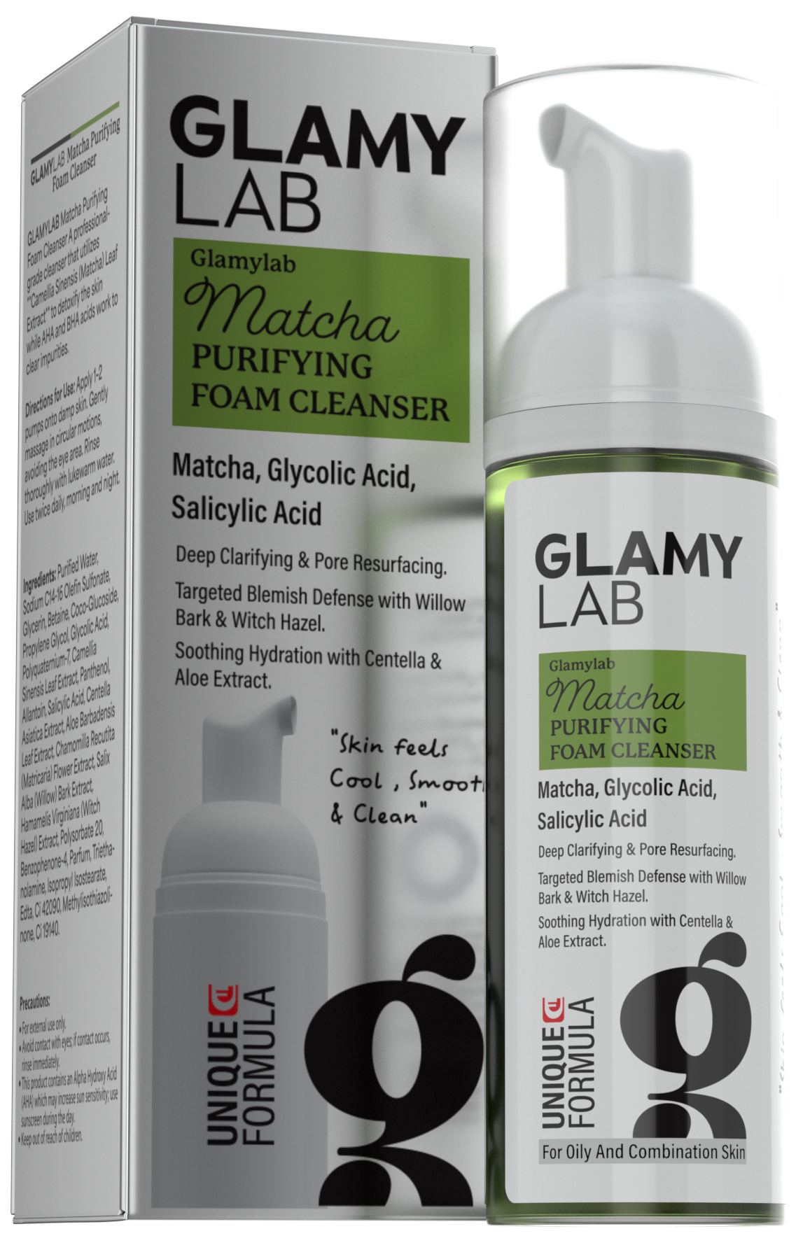 Glamy Lab Matcha Purifying Foam Cleanser with packaging 