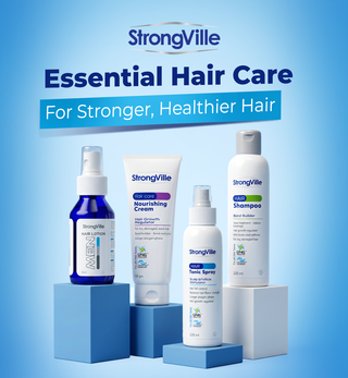 Strongville hair care Collection of products: 'essential hair care for stronger, healthier hair.'