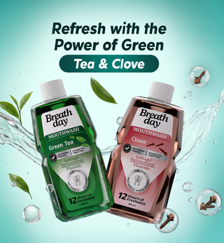 Two bottles of Breath Day mouthwash, green tea, and clove 'refresh with the power of green'
