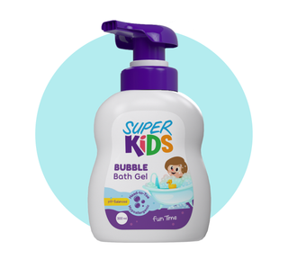 A bottle of Superkids Bubble Bath Gel 