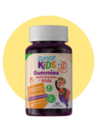 A bottle of SuperKids Gummies Multi-vitamins with 60 chewable tablets designed for children's health and development.