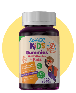 A bottle of SuperKids Gummies Multi-vitamins with 120 chewable tablets designed for children's health and development. The label indicates the gummies are vegan, have natural flavor and color, and support vitality and immunity.