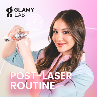 Woman holding Glamy Lab Sun Defender and text about post-laser routine