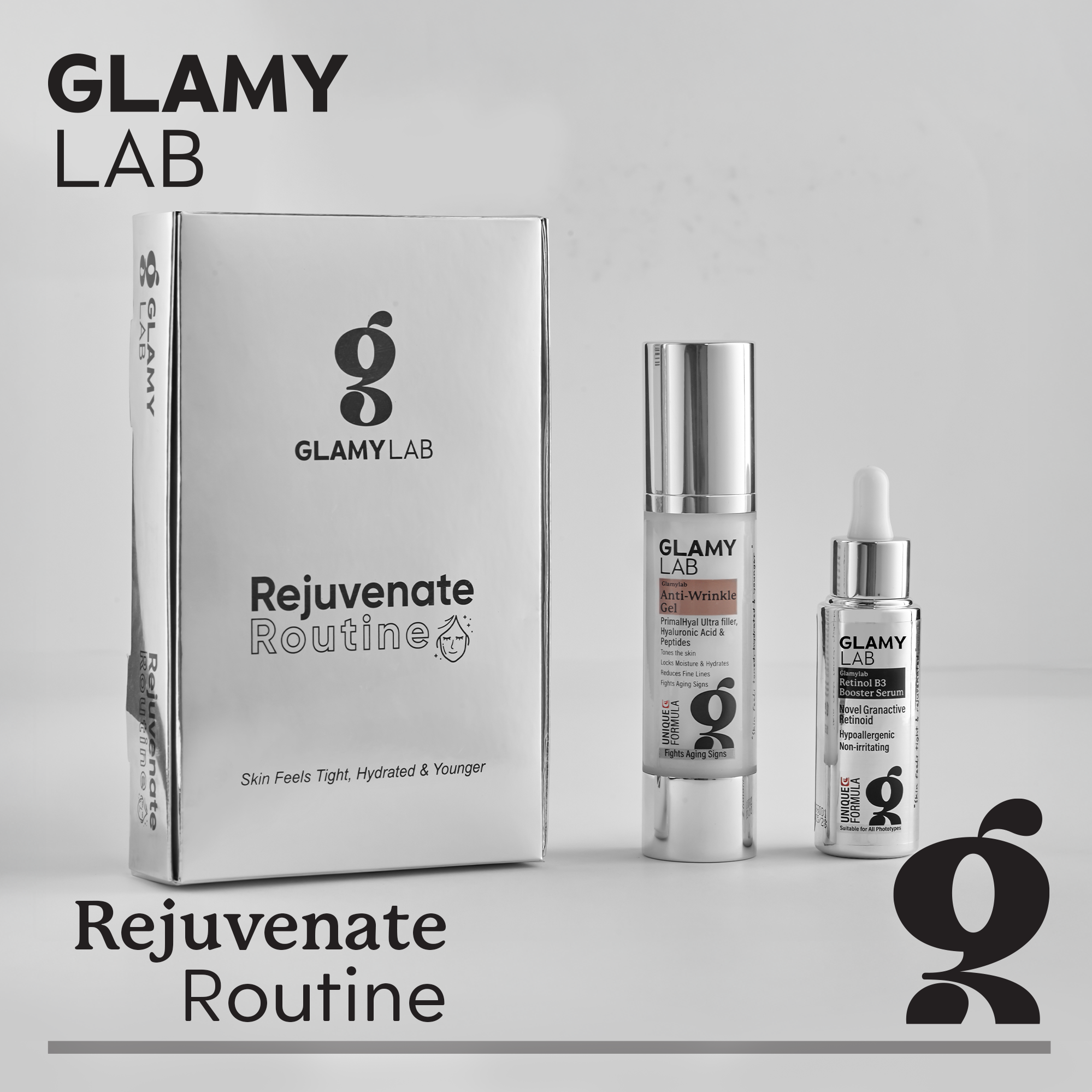 GLAMY LAB skincare products including a box and two bottles on a light gray background