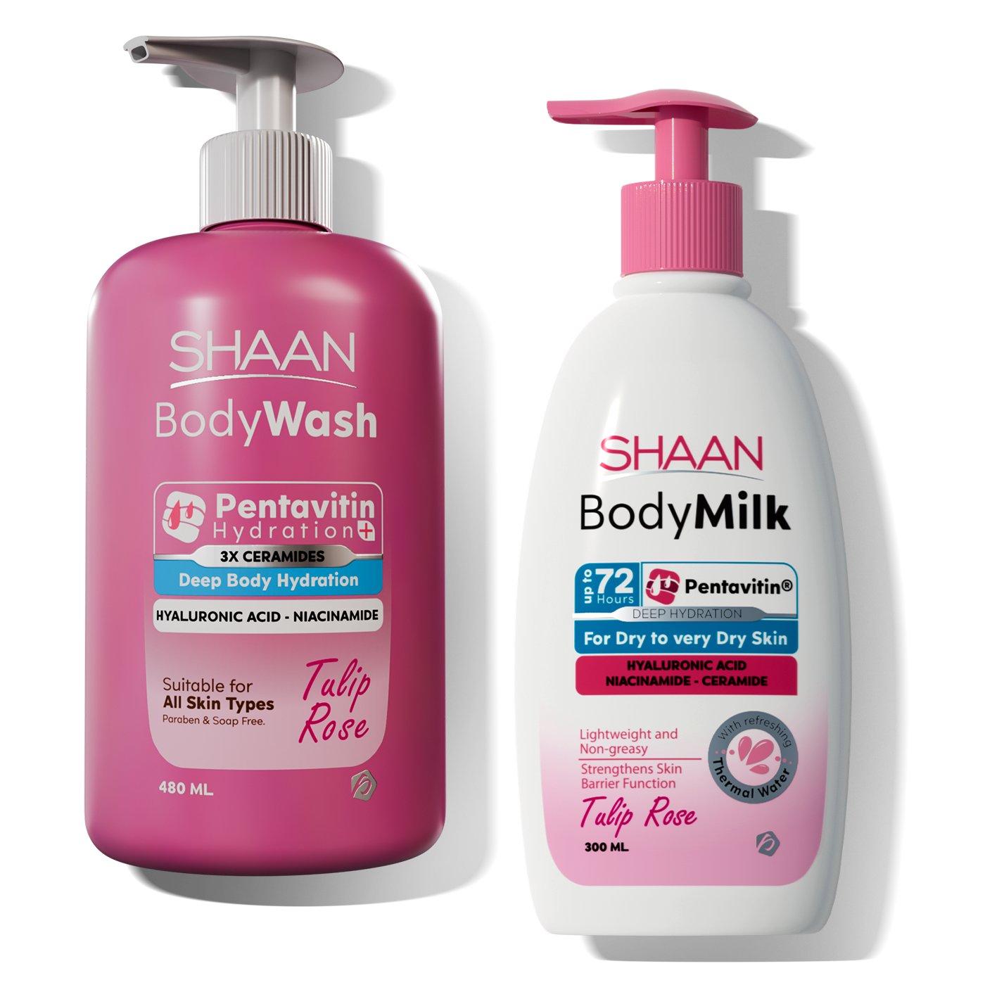 Two bottles of Shaan Body Wash tulip rose and Body Milk tulip rose 