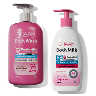 Two bottles of Shaan Body Wash tulip rose and Body Milk tulip rose 