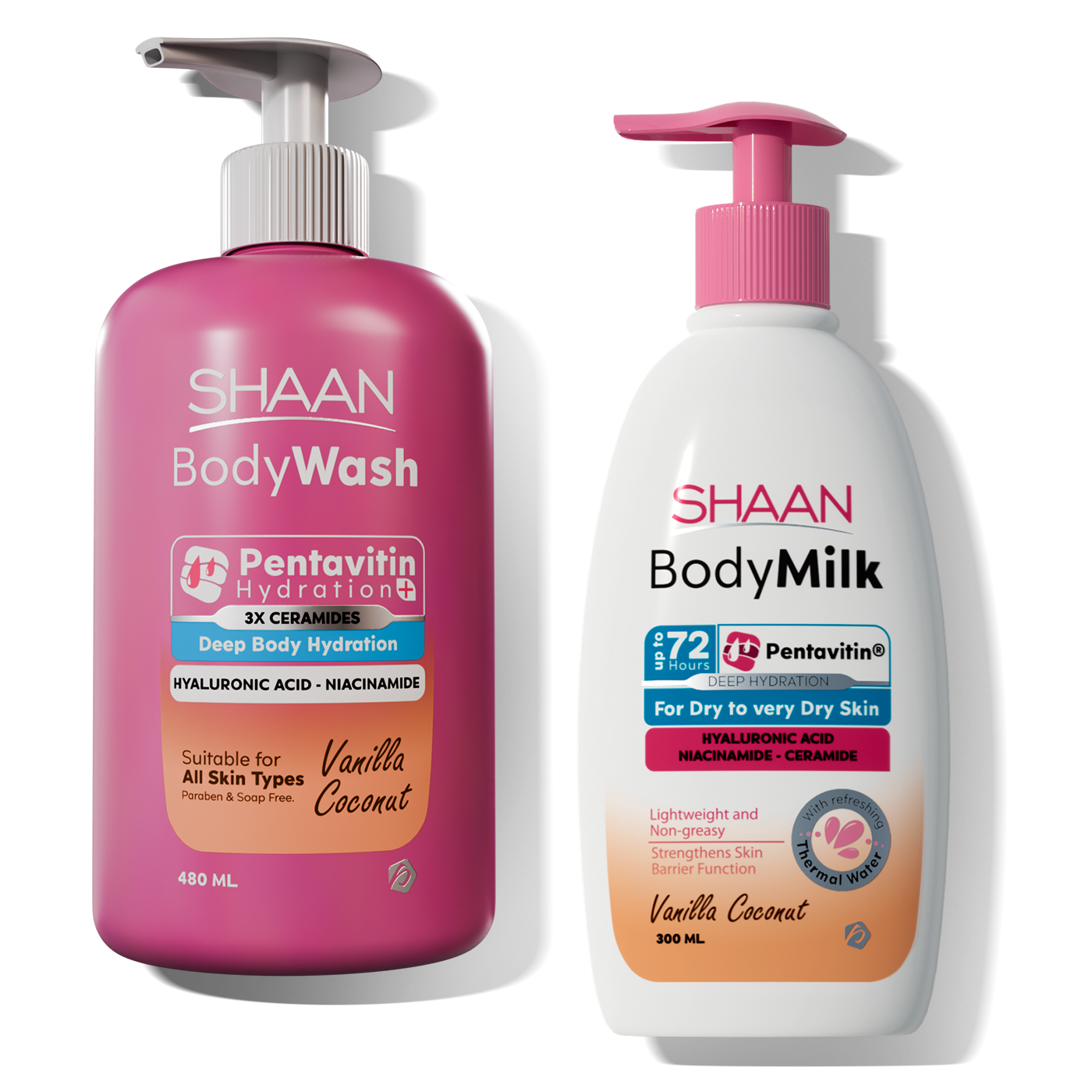 Two bottles of Shaan Body Wash vanilla coconut and Body Milk vanilla coconut
