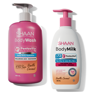 Two bottles of Shaan Body Wash vanilla coconut and Body Milk vanilla coconut