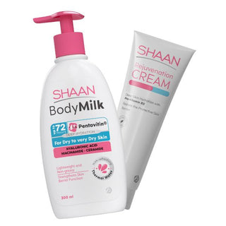 Shaan Body Milk and Shaan Rejuvenation Cream packaging. The body milk comes in a pump bottle and the cream in a tube, both with white and pink branding.