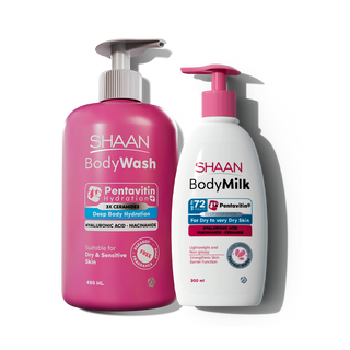 Pink and white bottles of Shaan Body Wash and BodyMilk 