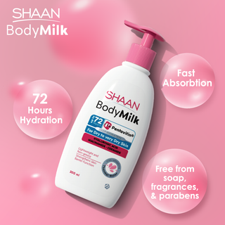 SHAAN BodyMilk bottle with features highlighted 