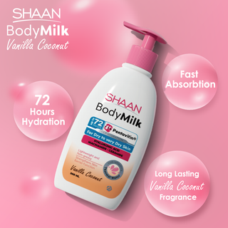 Shaan BodyMilk Vanilla Coconut bottle with product features highlighted.