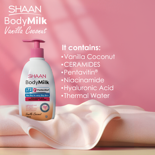 Shaan BodyMilk Vanilla Coconut bottle with product details 