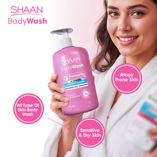 Woman holding a bottle of Shaan Body Wash.