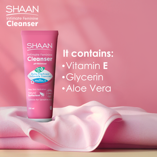 Pink bottle of SHAAN Intimate Feminine Cleanser with ingredients listed 