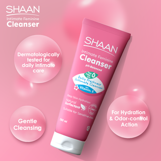 Shaan Intimate Feminine Cleanser tube  with product features highlighted.