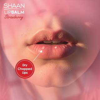 Lip balm advertisement showing dry chapped lips with 'Shaan LipBalm Strawberry' 