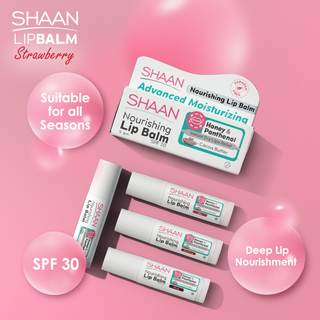 SHAAN lip balm packaging with product names and features highlighted.