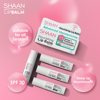 SHAAN lip balm packaging with product features highlighted.