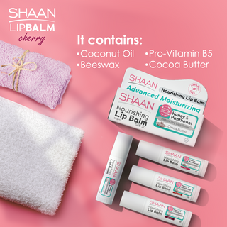 SHAAN lip balm packaging with product names and features highlighted.