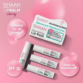 SHAAN lip balm packaging with product names and features highlighted.