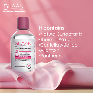 Shaan makeup remover bottle with ingredients listed 