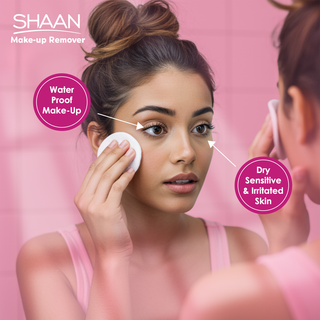 Woman applying shaan makeup remover to her face with text highlighting product features 
