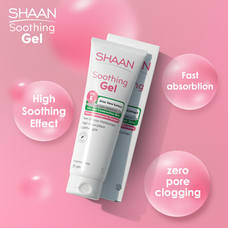 Shaan Soothing Gel packaging with text highlighting features.