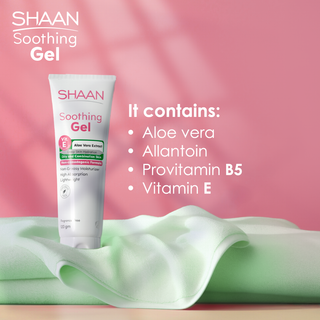 Shaan Soothing Gel tube with ingredients listed.