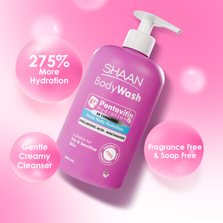 Shaan Body Wash bottle with pink background and product features highlighted