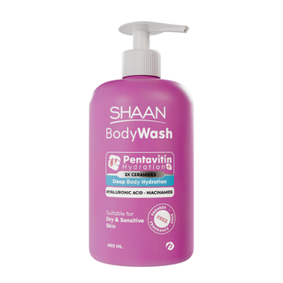 Pink bottle of Shaan body wash with Pentavitin Hydration