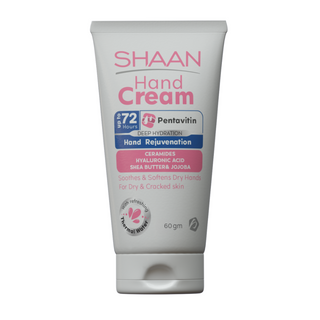 A tube of Shaan Hand Cream, 60 gm, indicating it is enriched with shea butter and jojoba oil for dry and cracked skin.